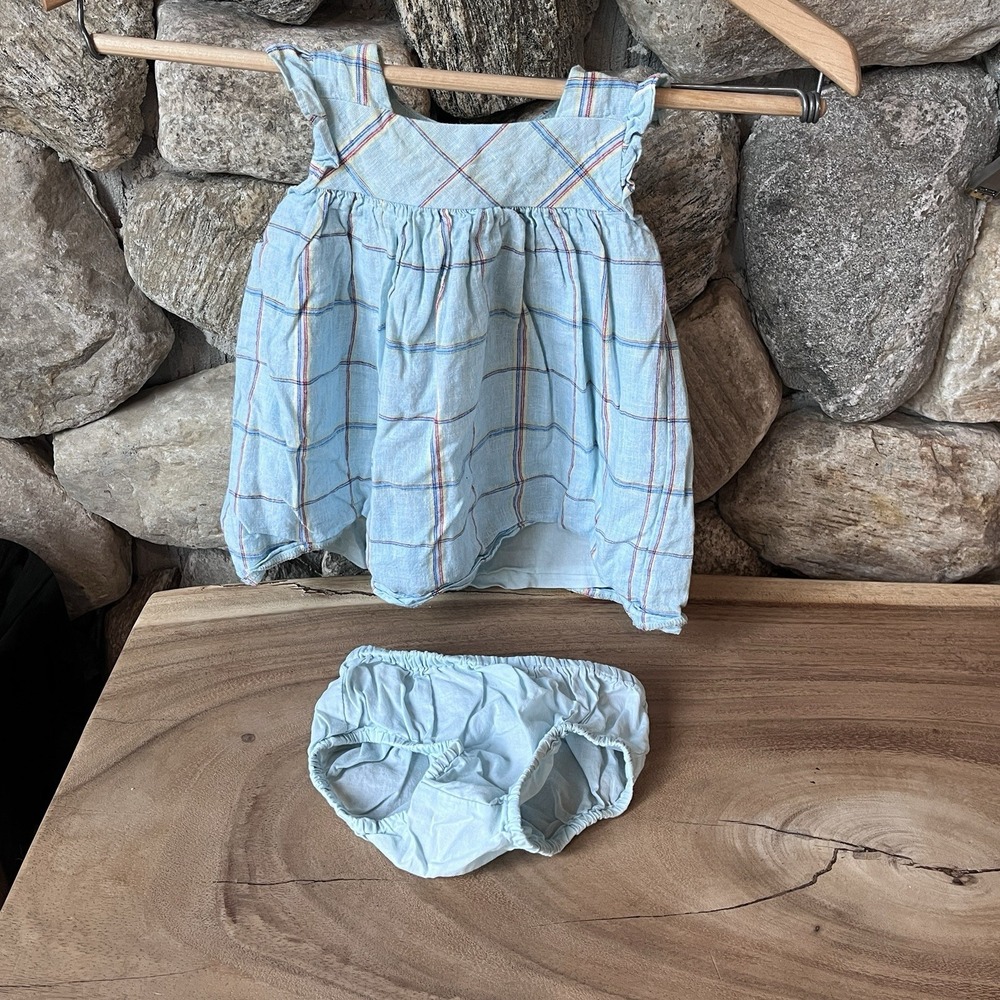 Janie and Jack Girls 6-12M Cotton Plaid Teal Turquoise Dress With Bloomers Set